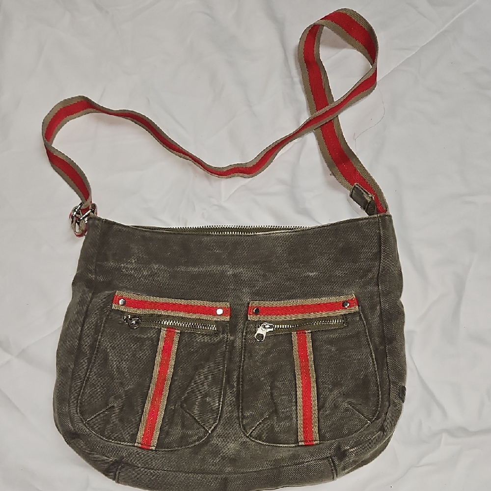 Lulu Olive Green Shoulder Bag with Red Accents